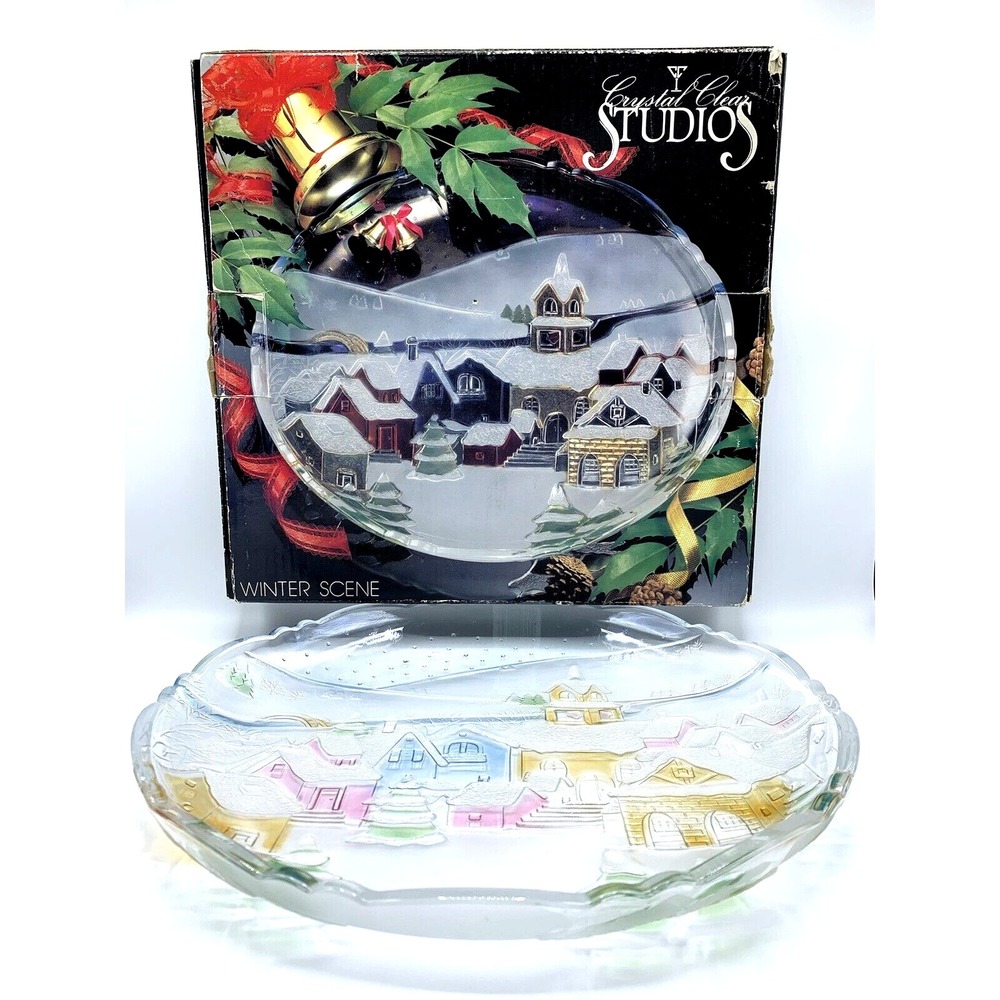 Vintage Crystal Clear Studios 1992 Winter Scene Round Platter 14" Japan
